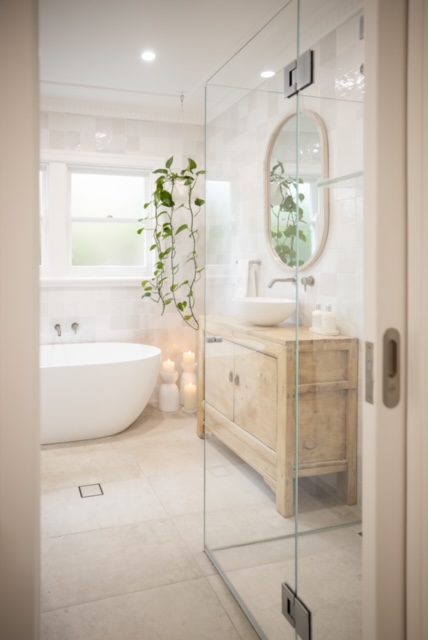 Hanging devils ivy plant timber vanity